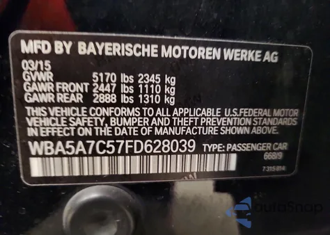 2015 BMW 528 Xi z USA, uszkodzony, nr VIN WBA5A7C57FD628039